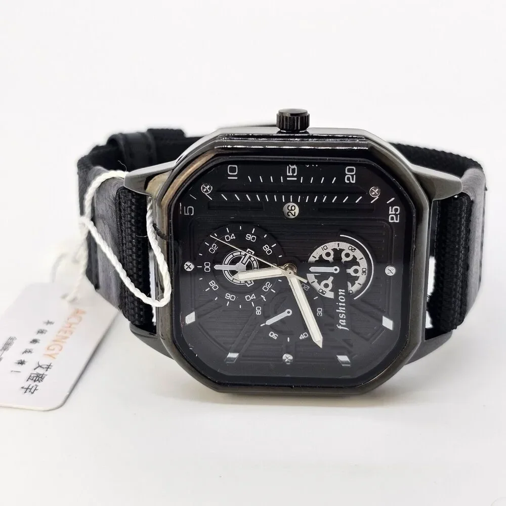 Men's 42MM Minimalist Watch Black‎ Case Black Dial Date Black Canvas Band Straps